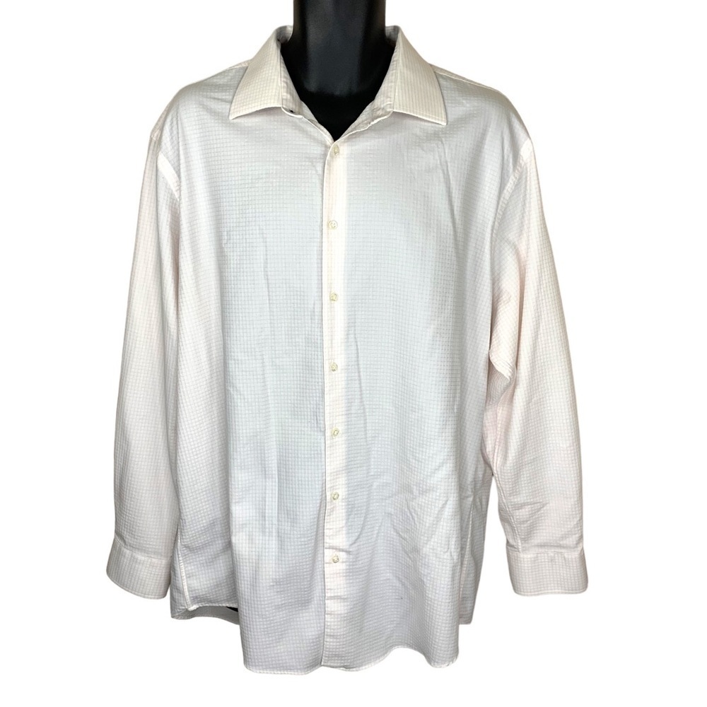 Nordstrom Size 17 XL Pink White Checkered Long Sleeve Dress Shirt Tech Smart